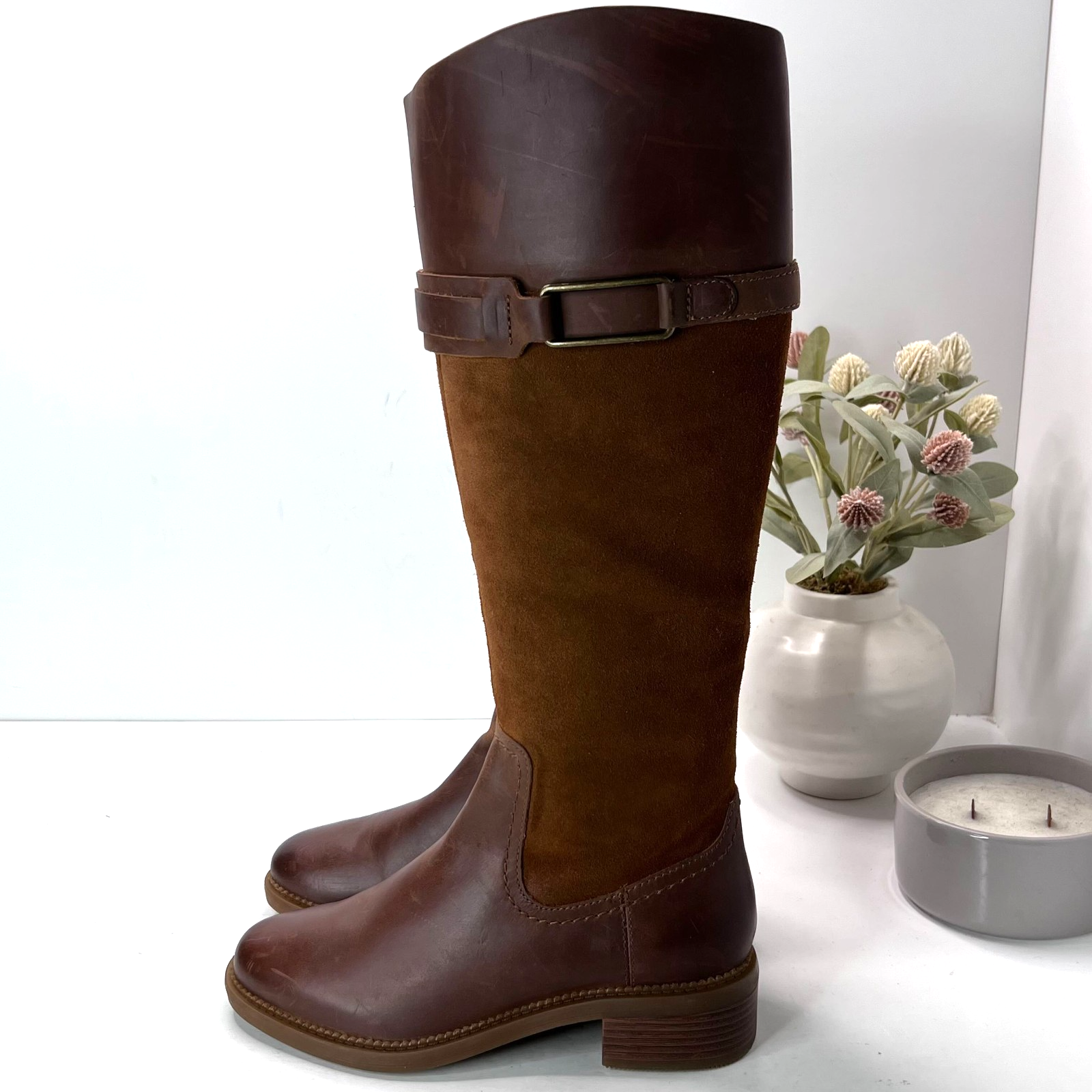 Clarks Maye Carly Leather/Suede Knee High Boots Buckle Detail Brown Women's 6m
